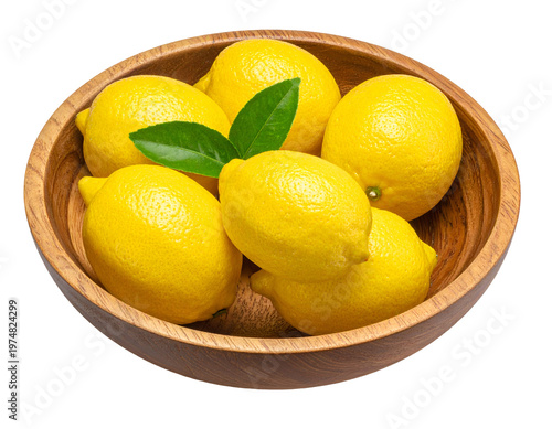 Fresh, ripe yellow lemons nestled in a simple wooden bowl