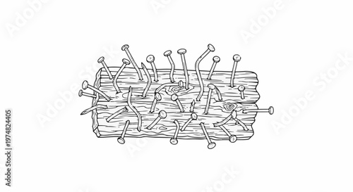 A rough wooden board is covered with many nails, some bent