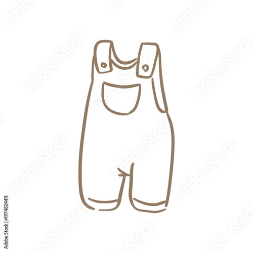 Hand-drawn minimalist doodle of baby denim overalls with a front pocket. Simple beige line art illustration of infant romper for nursery and fashion themes.