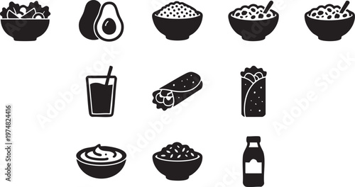 Diverse collection of Mexican food and beverage icons, including burritos, avocados, salads, and rice bowls, perfect for restaurant menus and digital designs