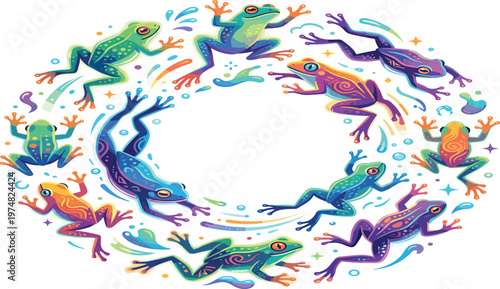 Colorful Tropical Frog Wreath with Vibrant Tree Frogs in Jumping Poses and Water Splash Elements for Exotic Nature and Wildlife Designs
