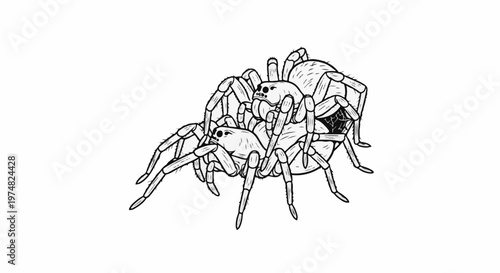 Stylized line art of two fuzzy spiders intertwined on a white background