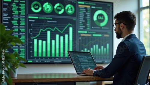 Professional Businessman Analyzing Data Trends on Laptop with Modern Screens Displaying Graphs and Analytics in a Contemporary Office Environment
