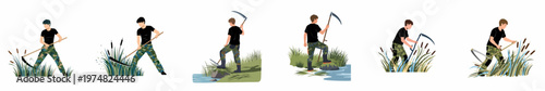 A series of illustrations showing a man in camouflage pants using a traditional hand scythe to cut reeds and tall grass near water.