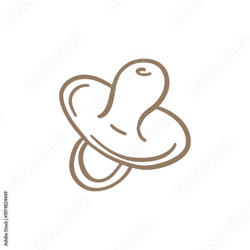 Hand-drawn minimalist doodle of a baby pacifier. Simple beige line art illustration of a silicone soother, perfect for newborn, parenting, and nursery themes.