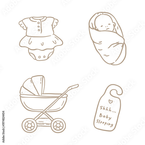 Hand-drawn minimalist doodle set of baby items: a cute bodysuit, a swaddled newborn, a classic stroller, and a "Shhh... Baby Sleeping" door hanger. Simple beige line art for nursery and parenting them