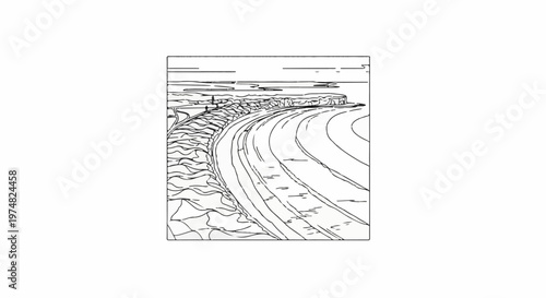 Curved coastal path with textured embankment and distant horizon