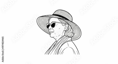 Stylized black and white line drawing of a woman in a wide-brimmed hat and sunglasses