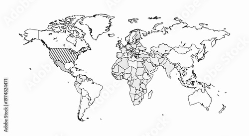 World map highlighting select countries with distinct shading patterns