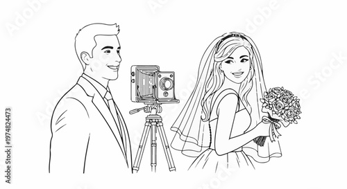 A smiling bride in a wedding dress holds a bouquet while a groom poses by a tripod-mounted camera