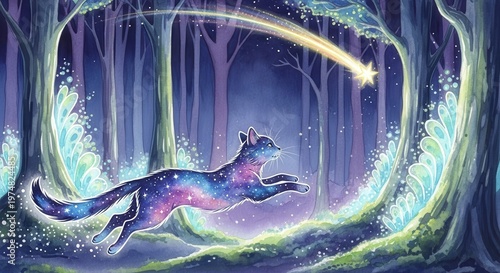 Cosmic cat leaps through a magical forest towards a shining falling star.