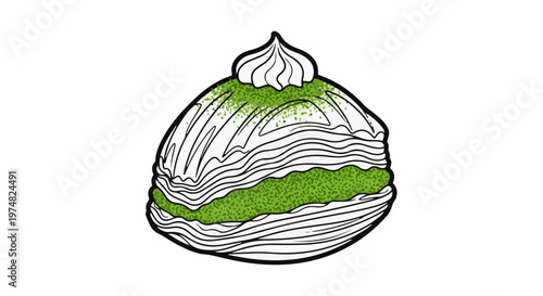 Delicate pastry with white cream and green filling, on white background