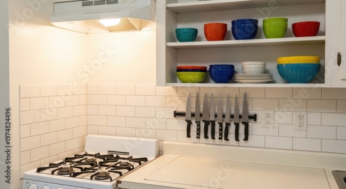 Compact kitchen with open shelving, magnetic knife rack, and tiled backsplash