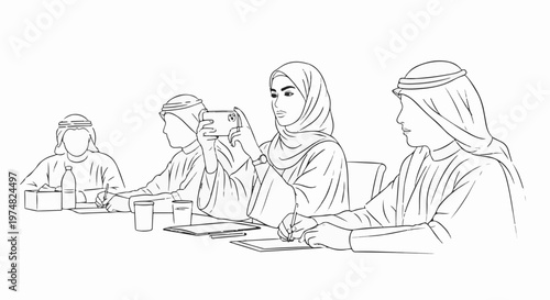 People in traditional attire engage in work at a table, some taking notes
