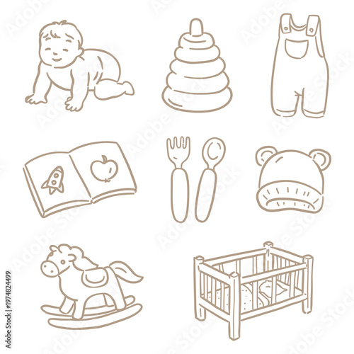 Hand-drawn minimalist doodle set of baby essentials: crawling infant, pyramid toy, overalls, picture book, cutlery, bear hat, rocking horse, and a crib. Simple line art for nursery and childcare.