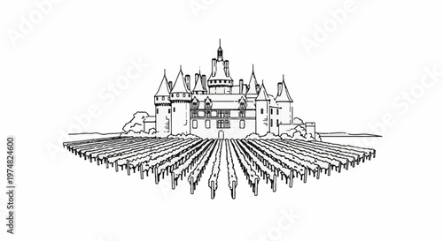 A line drawing of a large castle structure surrounded by rows of grapevines