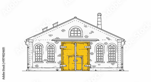 A detailed sketch of a historic industrial building with a prominent yellow doorway