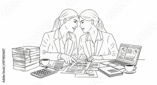 Two businesswomen collaborate over documents and charts at a desk