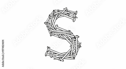 A cursive 'S' shape is formed by a jumble of sharp metal nails on a white background