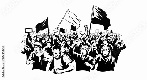 A monochromatic illustration of a crowd of people protesting with flags and signs