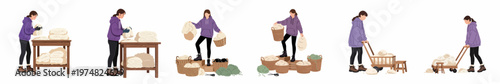 Set of illustrations showing a woman processing raw sheep wool, featuring activities like sorting on a table, packing into baskets, and transporting with a cart.