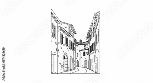 Black and white sketch of a narrow, winding street lined with buildings