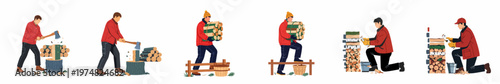 Set of flat vector illustrations depicting a man performing various tasks like chopping, carrying, and stacking firewood for winter heating.