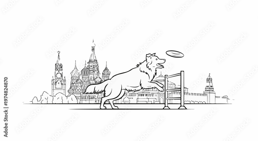Fototapeta premium A dog leaps over a hurdle in front of a cityscape sketch with distinct onion domes
