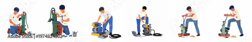 Set of illustrations depicting a mechanic repairing and operating various water pumps and engines, isolated on a white background.