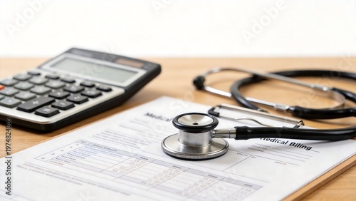 Medical billing document with stethoscope and calculator