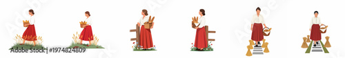 Collection of illustrations depicting a woman in traditional attire carrying a basket of fresh bread through various rural and harvest-themed settings.