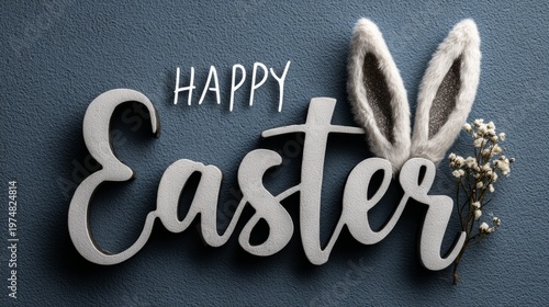 Happy Easter decorative sign with bunny ears and flowers on blue background