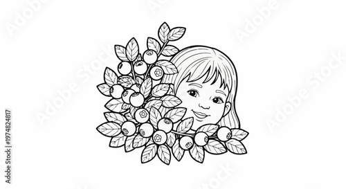 A child's face peeking through a bush of ripe blueberries and leaves