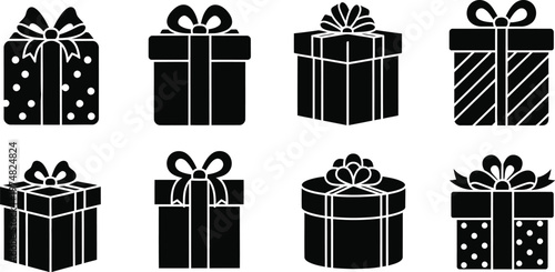 Black gift box icon set vector illustration for holiday packaging presents and celebration designs