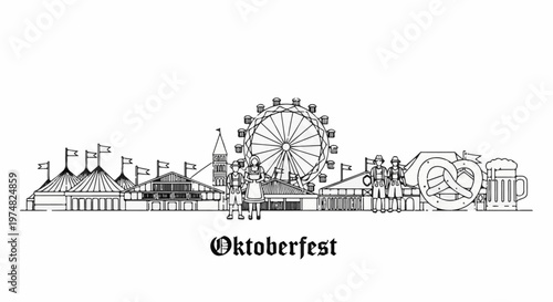 A festive outline sketch of a fairground with rides, stalls, people, and traditional food