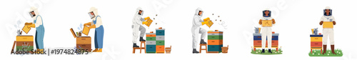 Collection of diverse beekeepers in protective suits working with beehives and honeycombs, flat vector illustration set isolated on white background.