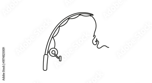 Continuous Line Drawing of Fishing Rod with Reel and Hook Isolated on White Background, Minimalist Angling Equipment Icon