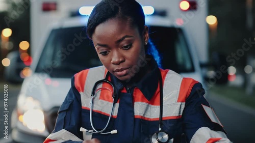 Black female paramedic at ambulance night, focused on documenting patient notes on clipboard with stethoscope around neck, flashing blue and red lights, urban street bokeh, calm professional demeanor