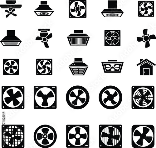 Industrial and residential ventilation fan icon set with ventilation industrial circulation