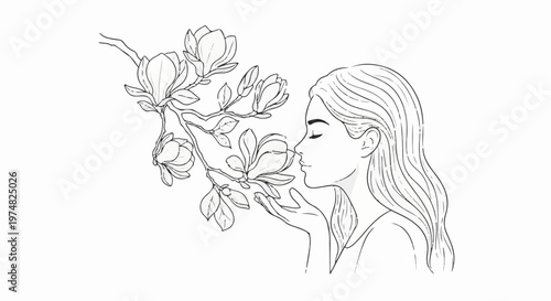 Delicate line drawing of a woman enjoying the scent of blooming magnolia flowers