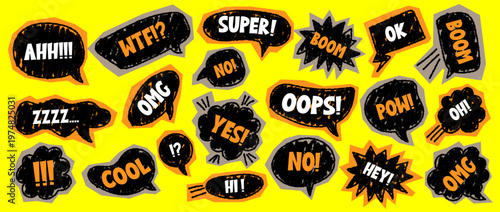 Hand Drawn Comic Speech Bubbles Collection - Chalkboard Style Sound Effects and Expressions with Orange Outlines on Yellow Background