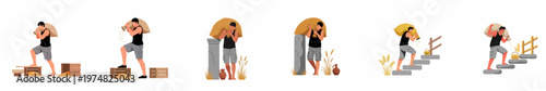 Set of vector illustrations depicting a muscular man carrying a heavy sack of grain in various poses and settings, symbolizing hard work and labor.