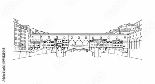Detailed architectural sketch of an ancient bridge with buildings spanning over water