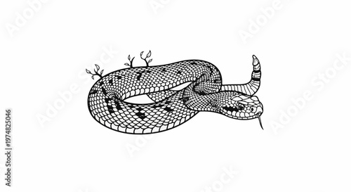 Detailed black and white illustration of a coiled snake with a rattle