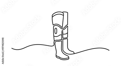 Continuous line drawing of a pair of tall boots. Simple one-line style fashion footwear illustration, minimalist graphic icon on white.