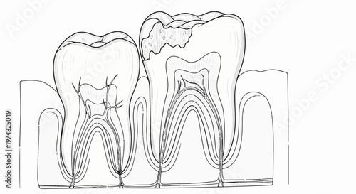 Detailed cross-section illustration of human molars showing decay and internal structure