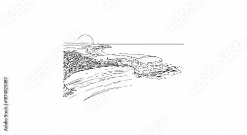 A sketch of a coastal town with buildings clinging to cliffs overlooking the sea at sunset