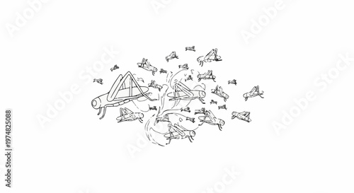 A swarm of insects with visible legs and wings flies in a group