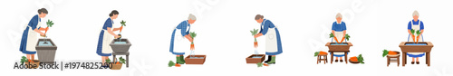 Set of illustrations depicting elderly women in aprons washing freshly harvested carrots in wooden basins and troughs, isolated on white background.