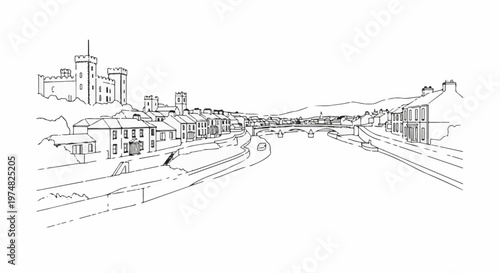 Sketch of a historic town with a castle and river, spanning across a wide vista